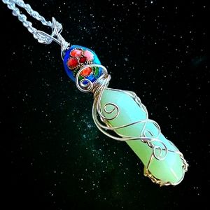 Glow in the Dark Jade Quartz Wire Wrapped Crystal Necklace